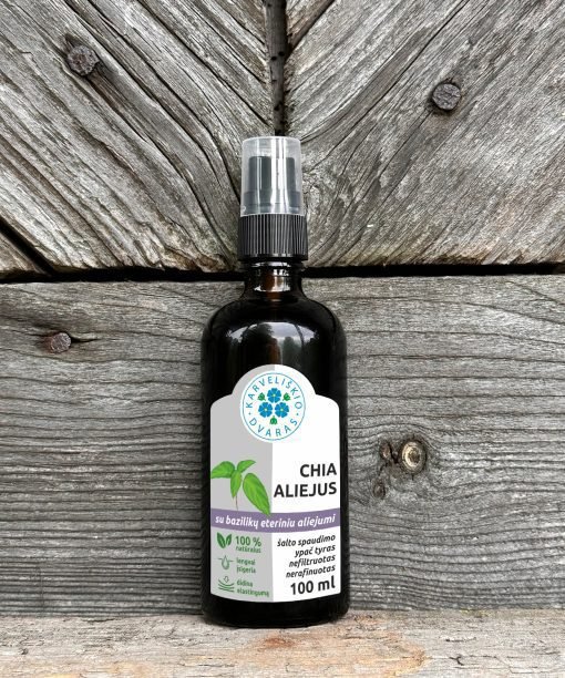 chia aliejus su bazilikų eteriniu aliejumi